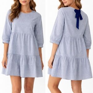 NWOT English factory Light Blue striped Tiered Bow-Back Women's Dress size large